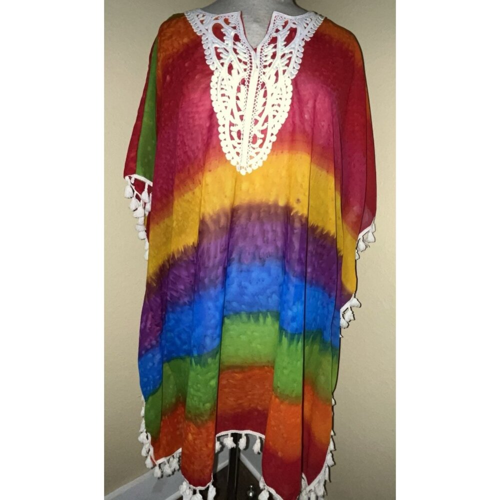 CYN Rainbow Kimono Cover Up Tunic Dress Artsy Boho Tassels Lace ONE SIZE